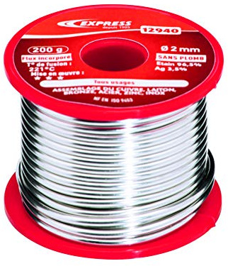 Express, 12940, Accessoire pour Fer à Souder, Soudure Étain Tout Usage, Assemblage Cuivre, Laiton, Bronze, Acier, Zinc, Inox, 96,5% Étain et 3,5% Ag (Sans Plomb), 200g, diamètre2 mm, Flux incorporé