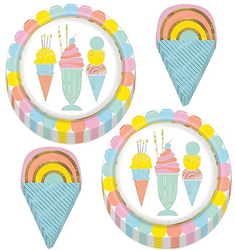 HOME & HOOPLA Ice Cream Party Pastel and Metallic Paper Dinner Plates Plates and Cone-Shaped Napkins (Serves 16)
