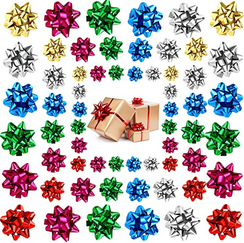 Taozoey Lazos de Regalo Autoadhesivos, Lazo Metálico de Navidad, Mini Lazos de Regalo Rosetones, Lazos de Regalo Moños Estrellas, Seis Colores, Tres tamaños