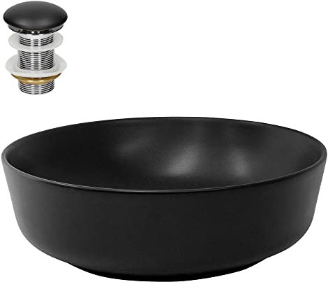 ML-Design Waschbecken aus Keramik in Schwarz matt Ø 415 x 135 mm mit Ablaufgarnitur, Runde Aufsatzwaschbecken, Moderne Waschtisch Waschschale Waschplatz Handwaschbecken, für Badezimmer/Gäste-WC