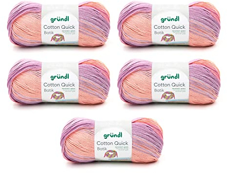 Gründl Lana Cotton Quick Batik - filato per maglia e uncinetto, filato sfumato, 100% cotone, certificato OEKO-TEX, 100g/260m, ferri: 3-4, 5x100g - Crema-Viola-Lilla