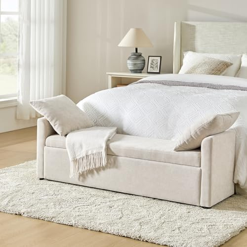 HULALA HOME Modern Storage Bench with Throw Pillows, 59.4 Extra Long Bedroom Ottoman Bench for End of Bed, Comfy Upholstered Footstool for Entryway Living Room Dining Room, Linen