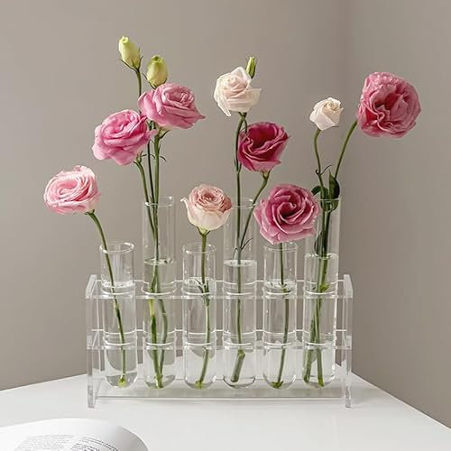 Hinged Flower Vase 8 Crystal Glass Test Tube Desktop Propagation Station for Plant Glass Tubes Hydroponic Vase for Indoor Office Home Garden Decor (6pcs+Stand)
