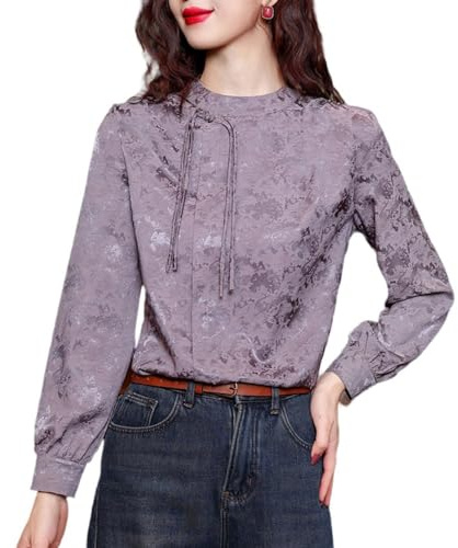 LCDIUDIU Damen Langarm Qipao Hemd Aus Satin Seide Im Chinesischen Stil,Retro Grün,Brokat,Stehkragen,Schnalle,Quasten,Pulloverblusen,Stilvoll,Elegant,Tradition T Shirt,Oberteile,Lila,S
