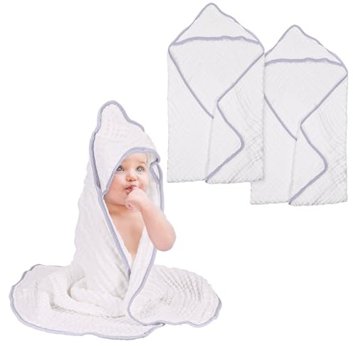 Asung Muslin Baby badhandduk set – 2 st mjuka, absorberande 100 % bomullshanddukar med huva – 96 x 96 cm (vit)