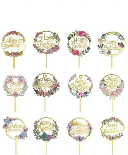 Artikelmaße 12pcs Happy Birthday Cake Toppers, Blume Acryl Gold Birthday Party Cupcake Dekorationen