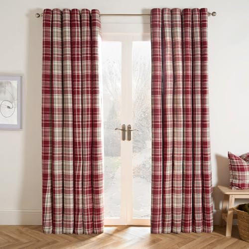 OHS 2 Panel Red Eyelet Blackout Curtains for Living Room Bedroom, Soft Luxury Dorset Woven Check Fully Lined Curtains Decorative Thermal Insulated Curtain, 66 x 90