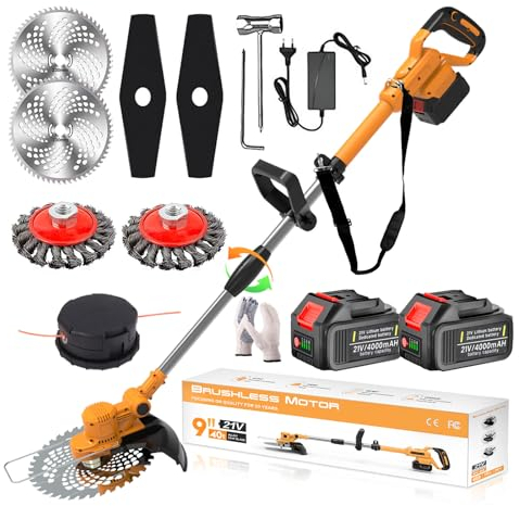 Coupe Bordure sans Fil avec Batterie 4 en 1 Debroussailleuse Electrique sans Fil 21V Débroussailleuse à Batterie Brushless avec 2 Batteries 4.0Ah, Brosse Désherbage et 1 Bobines,Orange,c