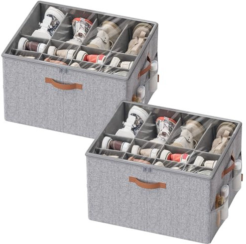 SONGMICS Shoe Organiser Boxes, Pack 2 Shoe Storage for Wardrobe, Fits 32 Pairs, Container Bin with Handles and Clear Cover, Adjustable Dividers, Customisable, Dove Grey LSP556G01