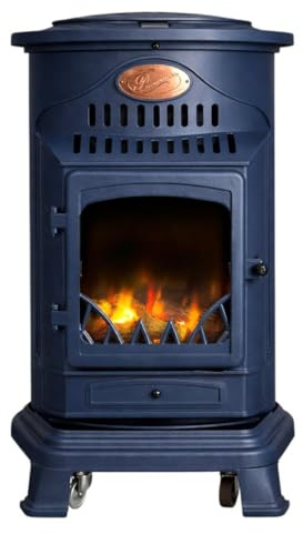 Sahara - Stufa a gas 3,4KW in ghisa vera – Riscaldamento supplementare Design Tradizionale Blu Zaffiro Opaco - Effetto fuoco di legna, mobile su ruote Provence