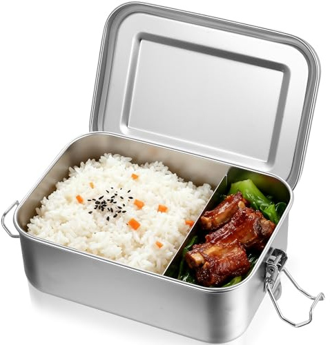 LEKABIN Loncheras de acero inoxidable, 850 ml recipientes de comida de acero inoxidable con tapa, loncheras metálicas herméticas para adultos con cierre y divisor flexible para picnics de trabajo