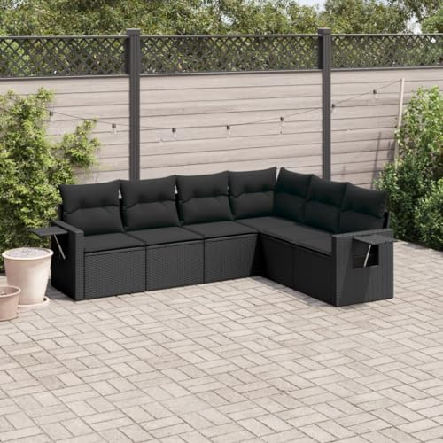 JHQHSM Set di 6 divani da giardino con cuscino in polyrattan nero, design modulare con vano portaoggetti e sacchetto impermeabile, ripiani pieghevoli, rivestimenti rimovibili, in rattan PE durevole