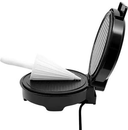 Gaufrier Électrique 1200W 20cm, Machine à Gaufres avec Thermostat 150-200°C, Appareil à Cornets Antiadhésif Double Face, Pour Gaufres Crêpes Cornets Glace, Cuisson 3-5min, Noir, 24x21x10.5cm, 1.2kg