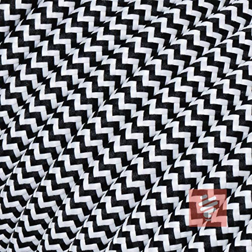 Textilkabel für Lampe, Stoffkabel 3-adrig (3x0,75mm²), Schwarz-Weiß zick/zack - 5 Meter