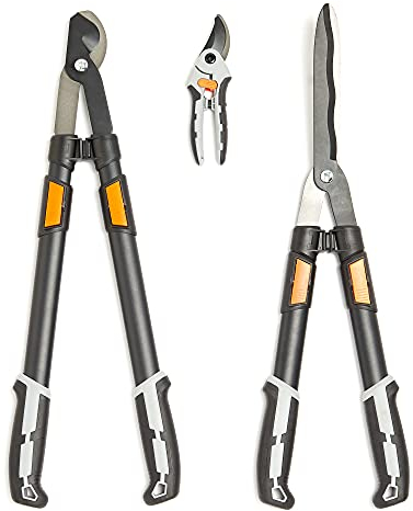 VonHaus Lot de 3 Cisailles de Jardin – Coupe-Branches, Taille-Haie, Sécateur – Poignées Télescopiques Extensibles – Prise Douce – Outils Légers