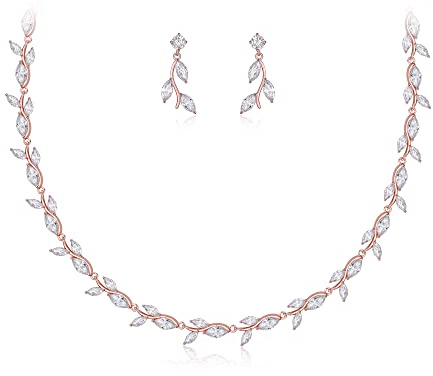Clearine Juegos de Joyas de Mujer Circonio Cúbico Flor Hoja Collar y Pendientes Conjunto para Mujeres, Boda Joyería de Novia Set, Bisutería,Color Claro Rosado-Dorado-Tono