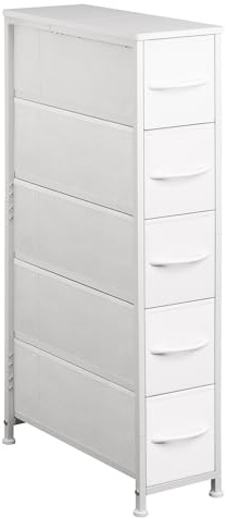 EKNKOZY Narrow Dresser Storage Tower with 5 Drawers, Slim Dresser Chest of Drawers with Steel Frame, Wood Top, Dresser for Bedroom, Bathroom, Small Spaces, Laundry, Closet, White