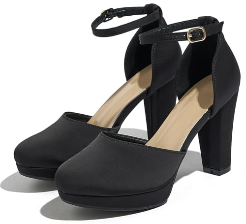 Lyngixko Women's High Block Heels Pumps Round Closed Toe Ankle Strap Dress Wedding Shoes Black