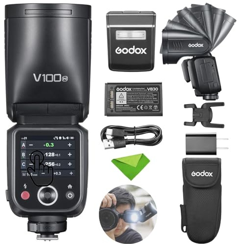 Godox V100 N V100-N 100Ws TTL Flash for Nikon Camera, 400 Full Power Flashes, 1.7s Recycle Time, 2.4G Wireless with External Flash, HSS Speedlight, Touchscreen Flash for Nikon Cameras (Godox V100-N)