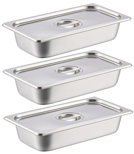 CGTQROVR 3 bandejas de empanado Bandeja de Alimentos de Acero Inoxidable con Tapa y manija de contenedores de Comida espesados ​​y apilables para Restaurante de Comedor para el hogar