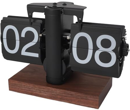 Tomedny Retro Digital Flip Down Clock, Flip Desk Clock Vintage 24 Hours Mechanical Digital Automatic Turning Anti Slip Wood Base for Home Office