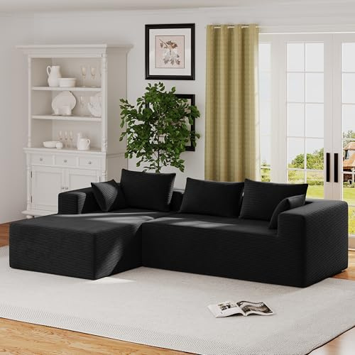 ALISH 111 Inch L-Shaped Cloud Sectional Sofa Couch, Compression Couch with Chaise, Modular Deep Seat Boneless Design for Easy Setup, Plush Upholstered Living Room Bedroom Apartment Furniture, Black