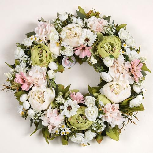 Peony Wreath 18'' Spring Wreaths for Front Door, Artificial Large Floral Wreath for Front Door Wall Decor, Valentine’s Day Home Wedding Housewarming Gift EZsenses (Green)