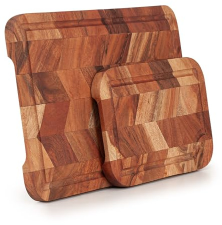 Woodluv Acacia Chopping Cutting Board Set of 2 - Strong, Durable & Hard Wearing Serving Chopping Board with Juice Grooves