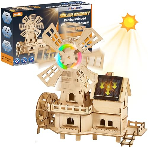 Snap-Fit Solar 3D Wooden Puzzle | Tools-Free STEM Waterwheel Windmill House Building Toy | Science Woodcraft Construction Model Kit for Kids 8-15 & Adults,Adopt Basswood-Safe&Sturdy