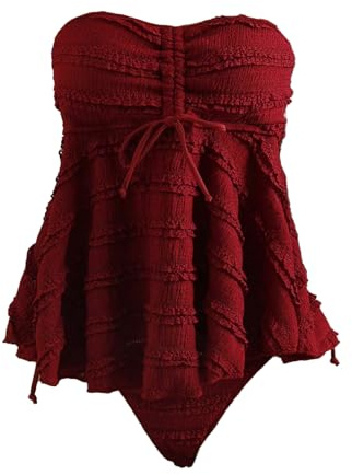 Verdusa Women's 2 Piece Bandeau Tankini Swimsuits Ruffle Tiered Babydoll Tops with Panty Burgundy Medium