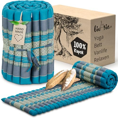 livasia Rollmatte Rollmatratze S schmal - 200x50x4,5cm - Gästebett Gästematratze 1 Person mit Muster, Reisebett Kofferraum outdoor, Thaimatte Kapok für Garten Balkon handgefertigt (Hellblau)