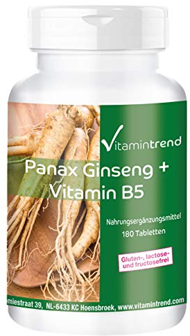 Panax Ginseng + Vitamin B5-180 Tabletten - 600mg Roter Panax Ginseng Extrakt pro Tablette - vegan - hochdosiert | Vitamintrend®