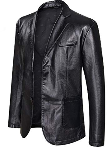 Men's Leather Jacket Spring and Autumn Winter Blazer lapel PU Faux Leather Suit Coats Motorcycle Jacket Button Smart Casual Biker Style Jacket,Black,XL
