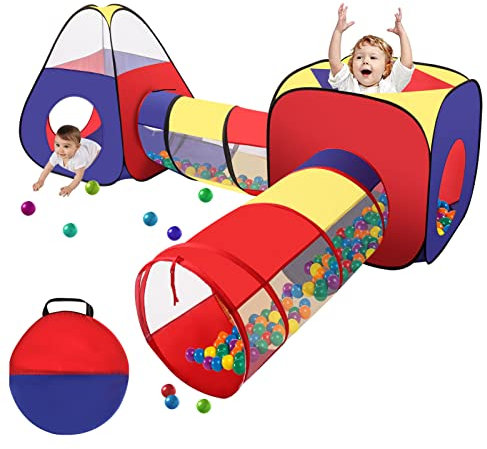 Shoze Kids 4 IN 1 Pop Up Play Tunnel & Tent for Toddlers - Folding Fort with Zipper Storage Bag for Boys & Girls - Indoor & Outdoor Use