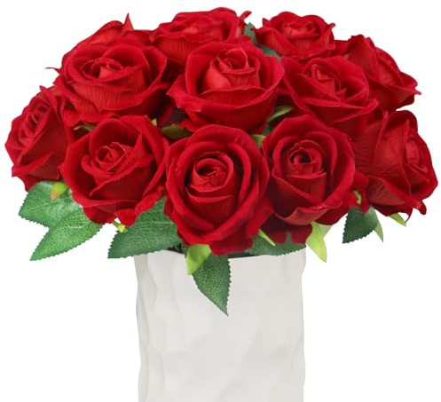 Olrla 20pcs Fausses Roses Fleurs, Artificielles Velours Tête De Roses Rouges DIY pour Bouquets De Mariage, Saint Valentin, Décorations De Fête À La Maison, Arrangement De La Flore (Rouge)