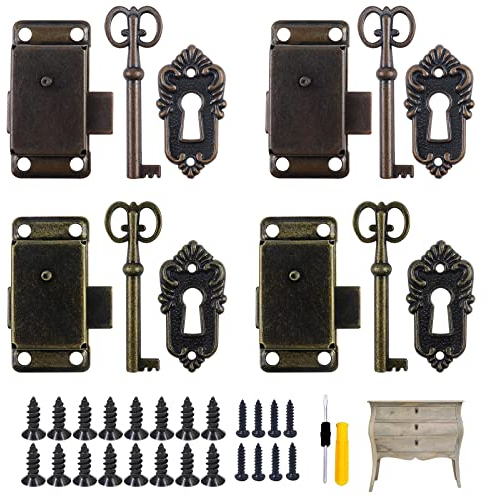 4 Stk Antikes Schloss, Retro Möbelschloss für briefkästen, Kleiderschränke, Schränke, Schließfächer mit Schlüssel + Schrauben + Schraubendreher