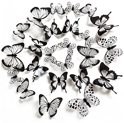 48 Stücke 3D Schmetterlinge Schwarz Weiß Wandtattoo Schmetterling Wandaufkleber Dekor Abnehmbare Schmetterling Aufkleber Hohle Wandtattoos DIY Wandkunst für Heimdeko Kinderzimmer Schlafzimmer Deko