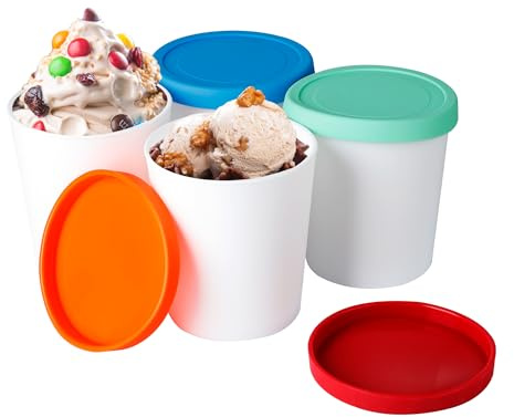 LayYun Ice Cream Containers for Homemade (4 Pack - 1 Quart Each), Reusable PP Plastic Ice Cream Storage Containers for Freezer, Leak-Free Ice Cream Containers with Silicone Lids