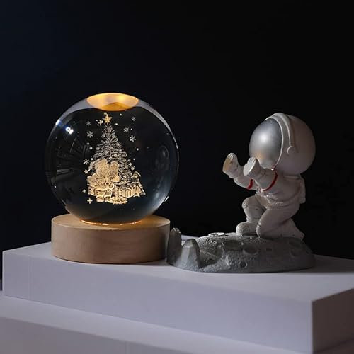 ZVO 3D Kristallkugel Nachtlicht, 3D Planeten LED Lampe, Nachtszene Astronomie LED Ball Lampe mit Holzsockel, USB Planet Glaskugel für Geburtstag Kinder Weihnachten Deko(6cm Weihnachtsmann)