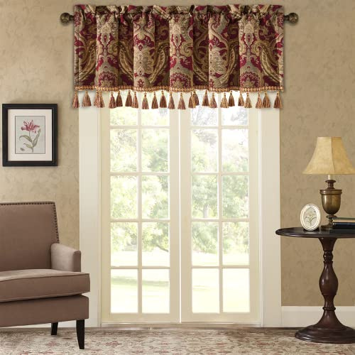 TOPLUXE Rideaux Cantonnière 137x46cm, Cantonnière Damassée à Franges, Rideaux Courts pour Chambre Salon Cuisine Café (Rouge)