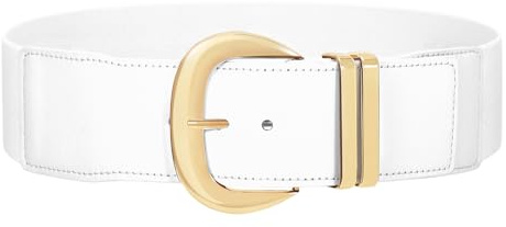 JASGOOD Women Wide Elastic Waist Belt for Dresses Fashion Ladies Stretchy Leather Waistband with Gold Buckle, White, Fits Waist Size 33-38