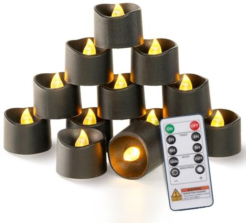 Homemory 12pcs Black Remote Timer LED Tea Lights Candles, 400+Hours Flickering Flameless Battery Votive Tealights for Tabletop Lighting, Centerpieces Decor, Holiday, Warm White Glow