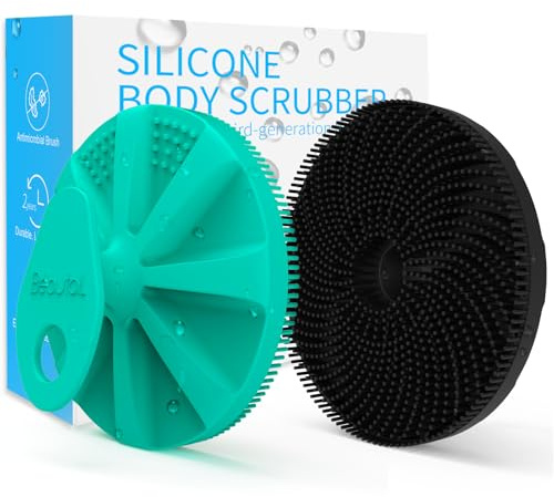 BEAUTAIL Silicone Body Scrubber, Gentle Exfoliating Brush for All Skin Type | Lather Well Shower Scrubber for Body, Hygienic Silicone Loofah, Bathroom Essential for Women, Men & Kids. 2-Pack, Green+Black