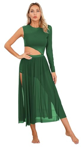 Yhong Vestido lírico para mujer, un hombro, vestido de ballet, corte de malla, patchwork, maillot con falda de gasa, vestido de danza moderno, verde, S