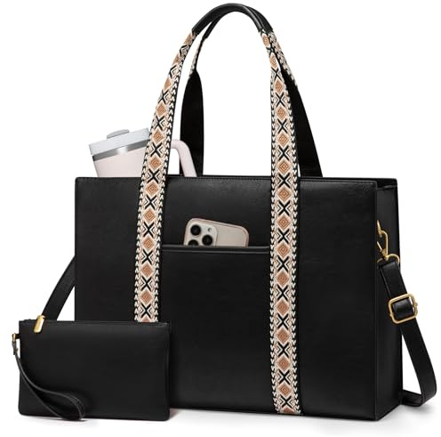 LOVEVOOK Laptop Tote Bag for Women,15.6 Inch Vintage Work Bag,Waterproof Leather Computer Briefcase 2PCs,Office Gifts for Women Teacher