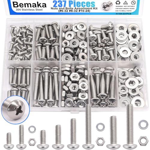 Bemaka Nuts and Bolts Assortment Kit, 304 Stainless Steel Bolts 8 Sizes #6-32#8-32#10-24 Phillips Pan Head Machine Screws, Assorted Bolts, Nuts and Washers Kit (237PCS)