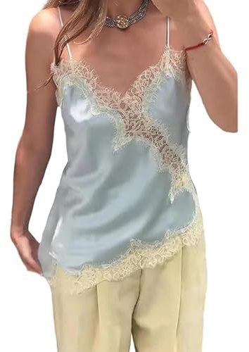 Acrawnni Women Y2K Satin Lace Cami Top Sleeveless Spaghetti Strap Silk V Neck Asymmetrical Lace Camisole Side Slit Tank Top Streetwear (A-Blue, M)