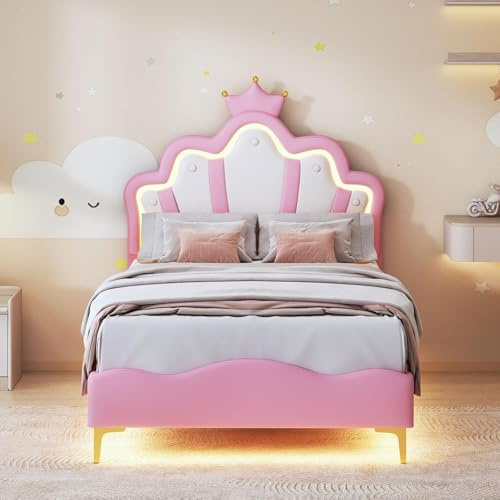 WSOFZMO Cama tapizada de 90 x 200 cm, Cama Princesa con cabecero Ajustable y somier de láminas, Cama Juvenil de Madera Maciza y Piel sintética. Colchón no Incluido (Corona Rosa 90x200)