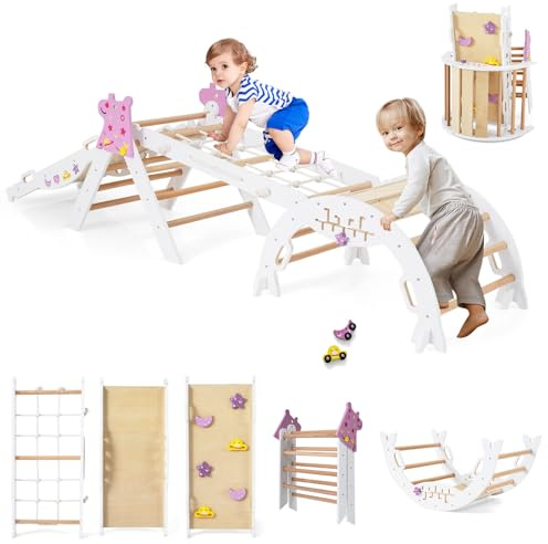 RELAX4LIFE Set da Arrampicata per Bambini, Triangolo di Arrampicata con Scivolo e Arco, Gioco di Incastri in Legno, Gioco Montessori per Bambini 1+ Anni