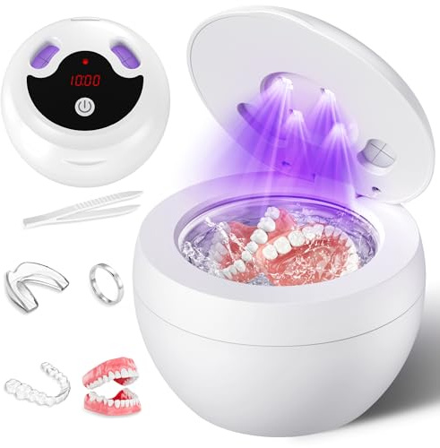 Upgraded Ultrasonic Retainer Cleaner Machine, 48kHz Ultrasonic Dentures Cleaner for Mouth Guards, Braces, Aligner, Toothbrush & Jewelry, 200ML Capacity, White